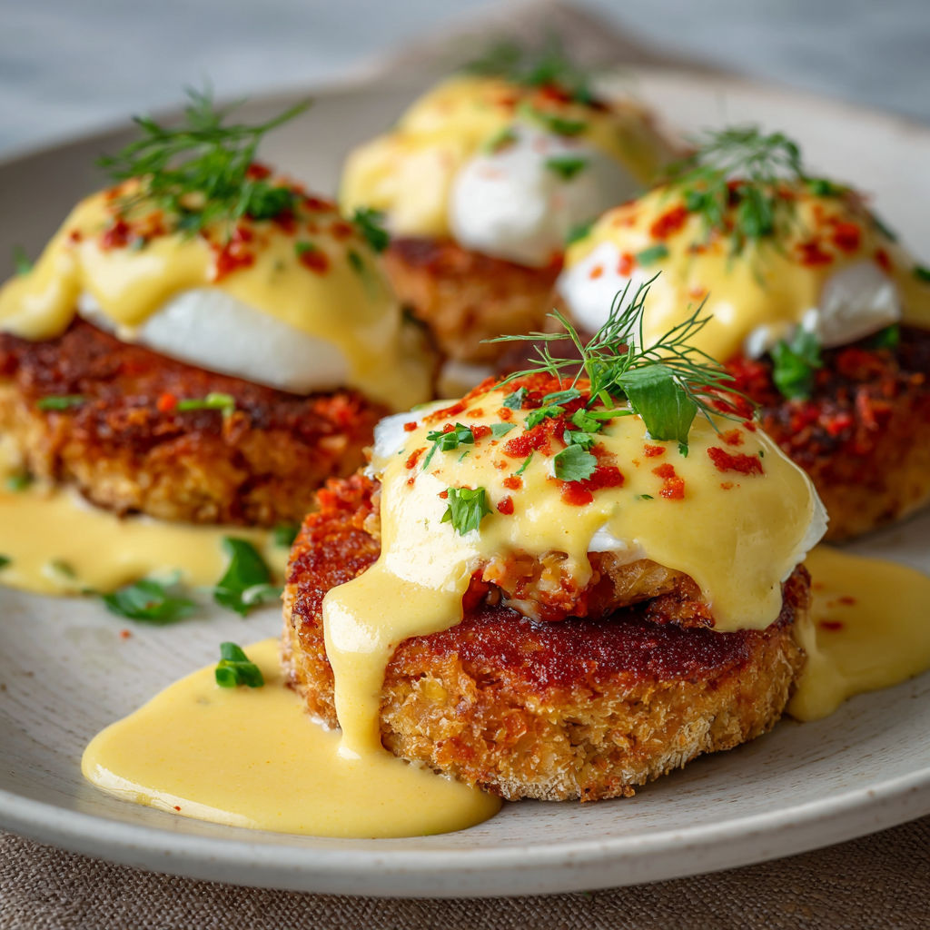 Crab cakes with hollandaise sauce.