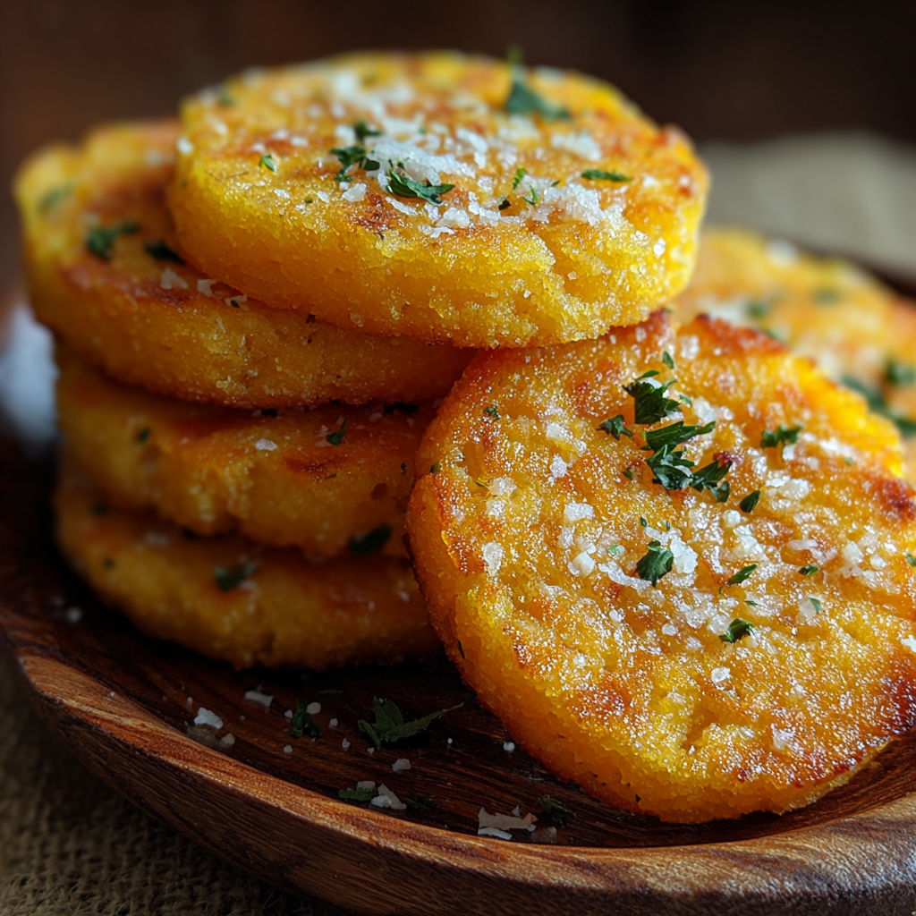 A stack of fried food on a wooden tray.