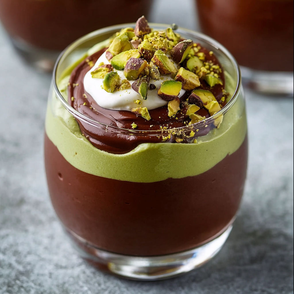 A glass of chocolate mousse with pistachio toppings.