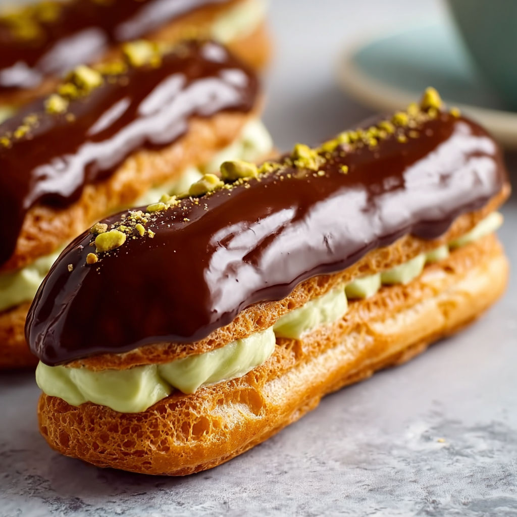 Two chocolate éclairs with pistachio toppings.