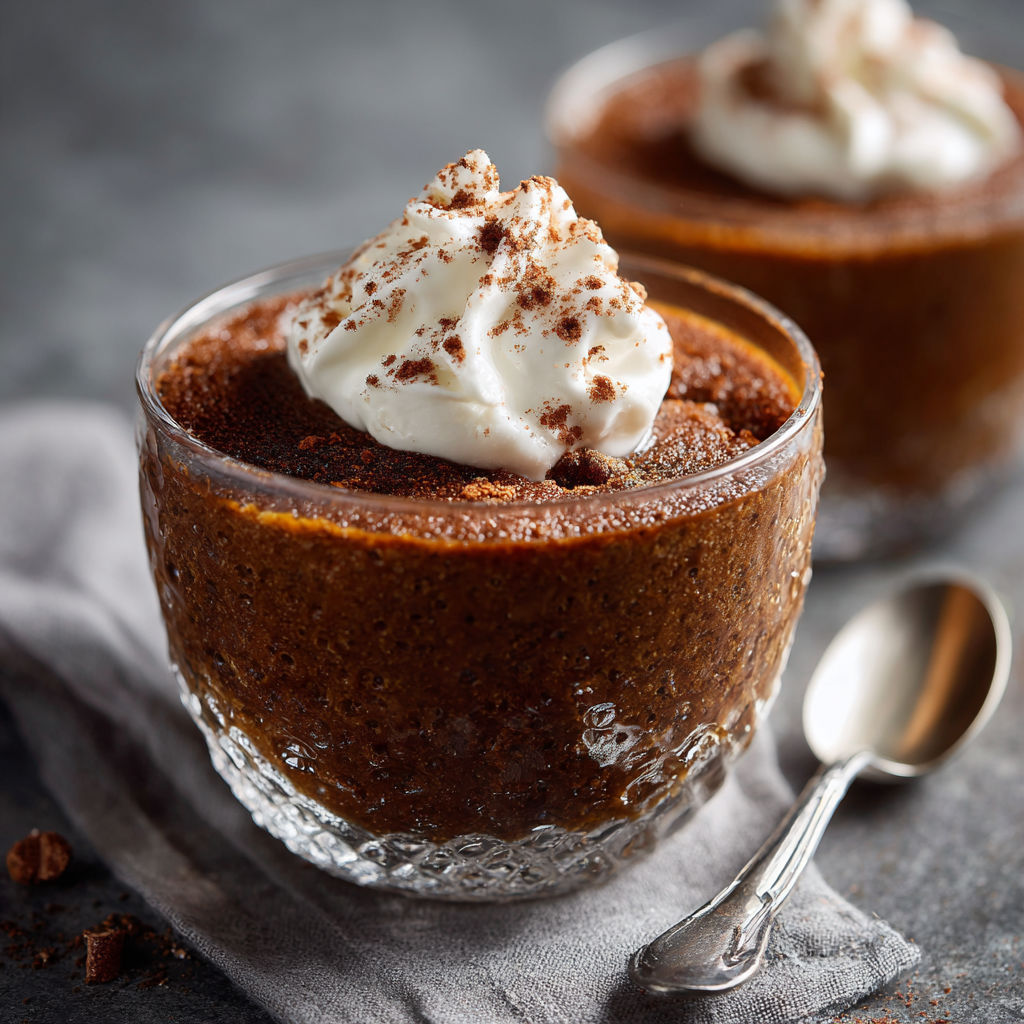 A glass of easy gingerbread pudding with whipped cream on top.