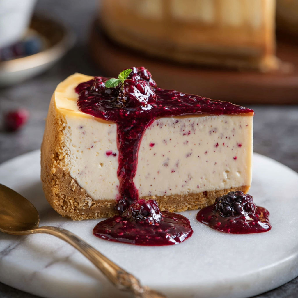 A slice of cheesecake with a dollop of raspberry sauce on top.