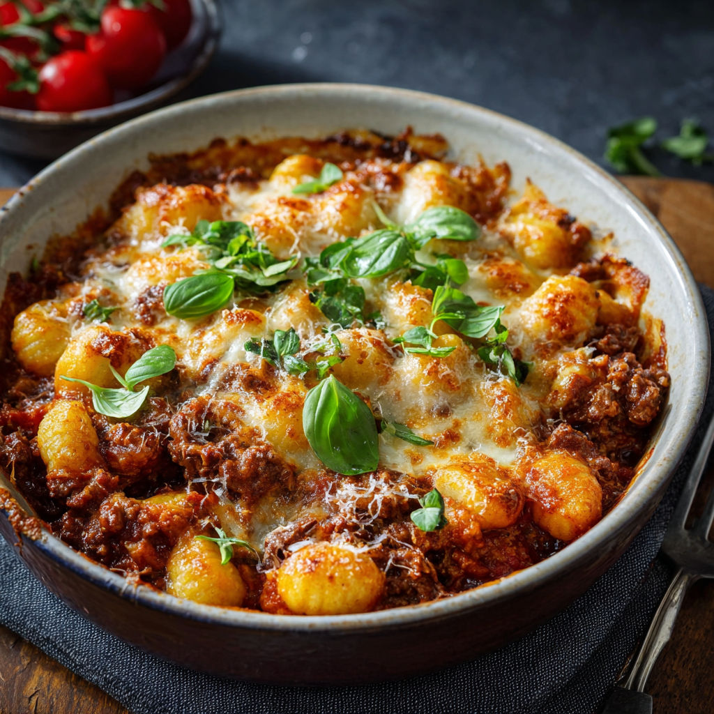 A delicious cheesy bolognese gnocchi bake.