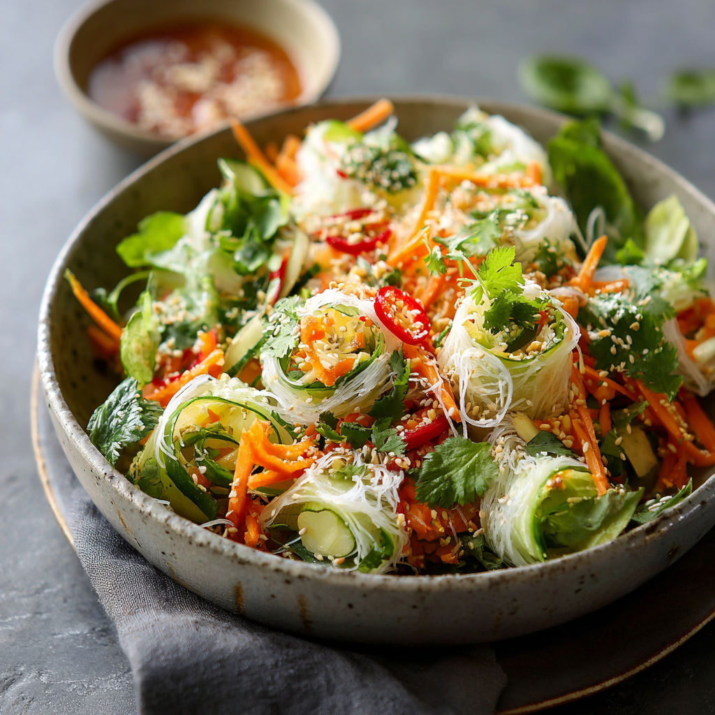 A bowl of spring roll salad with spicy ginger dressing.