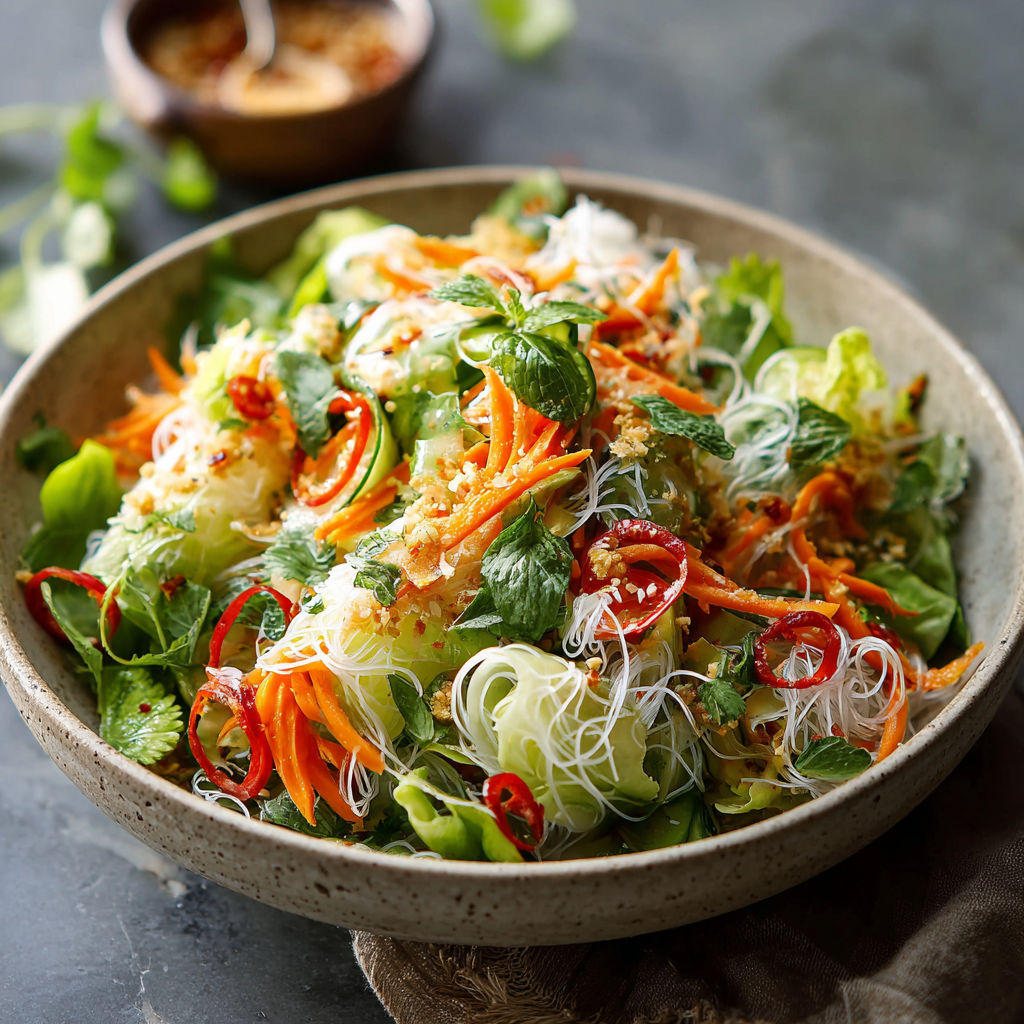 A bowl of vegetables with noodles.