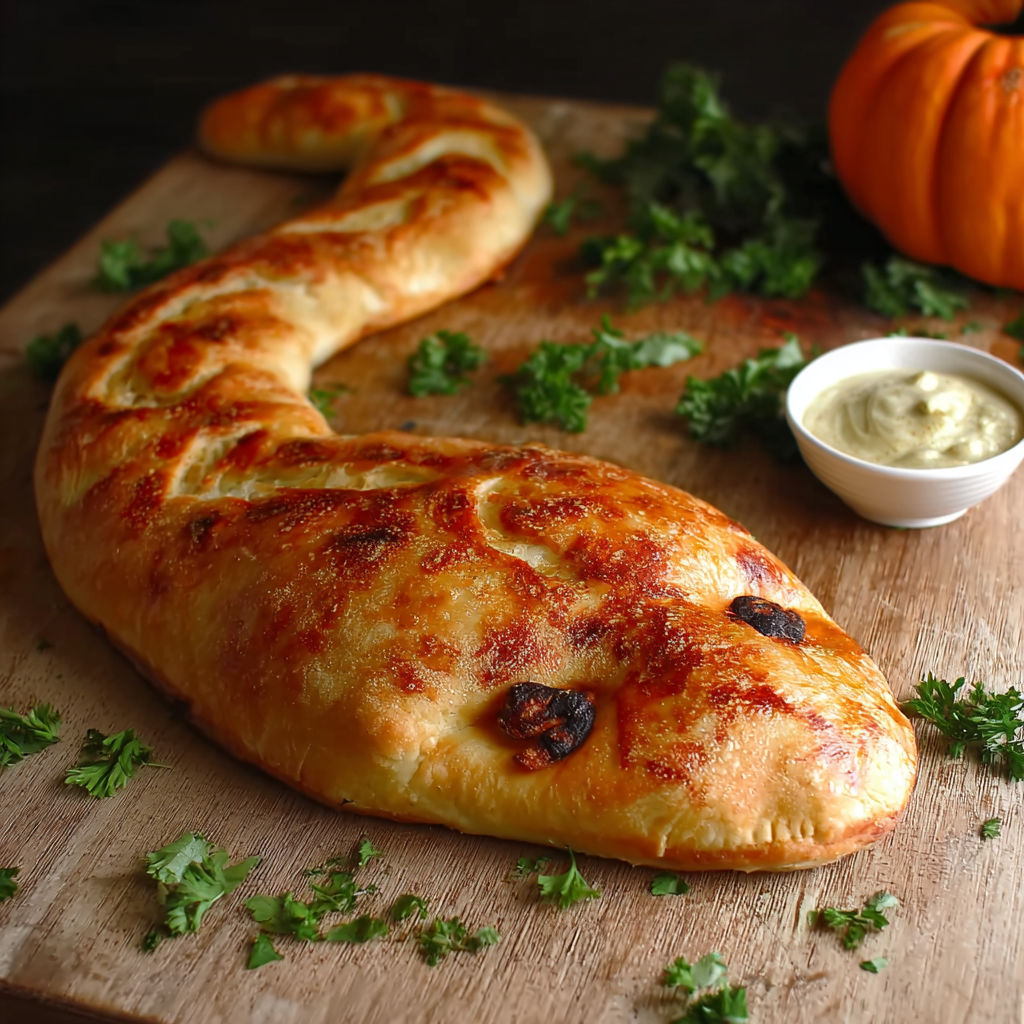 A spooky calzone snake on a wooden table.