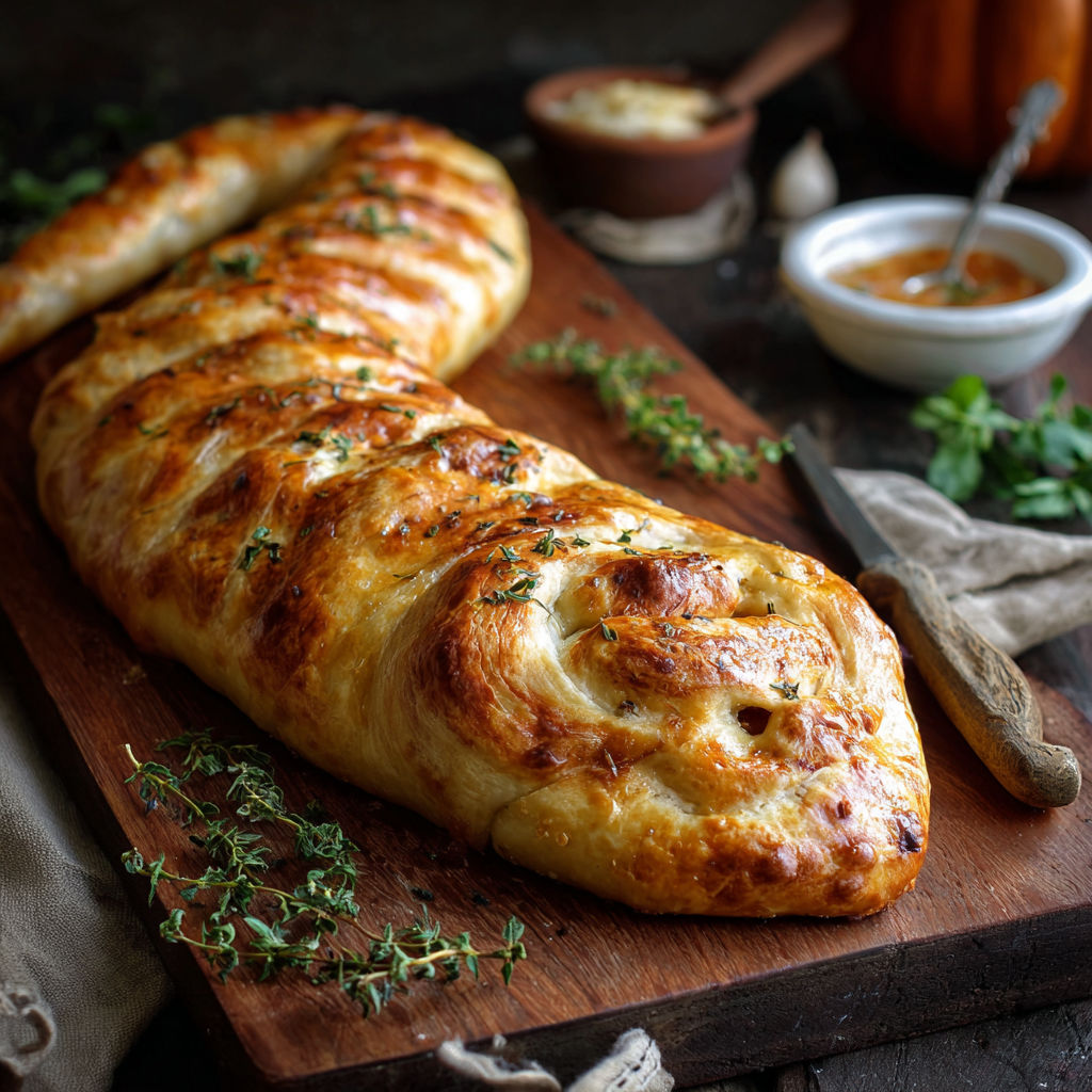 A long, golden-brown loaf of bread with herbs on a wooden cutting board.