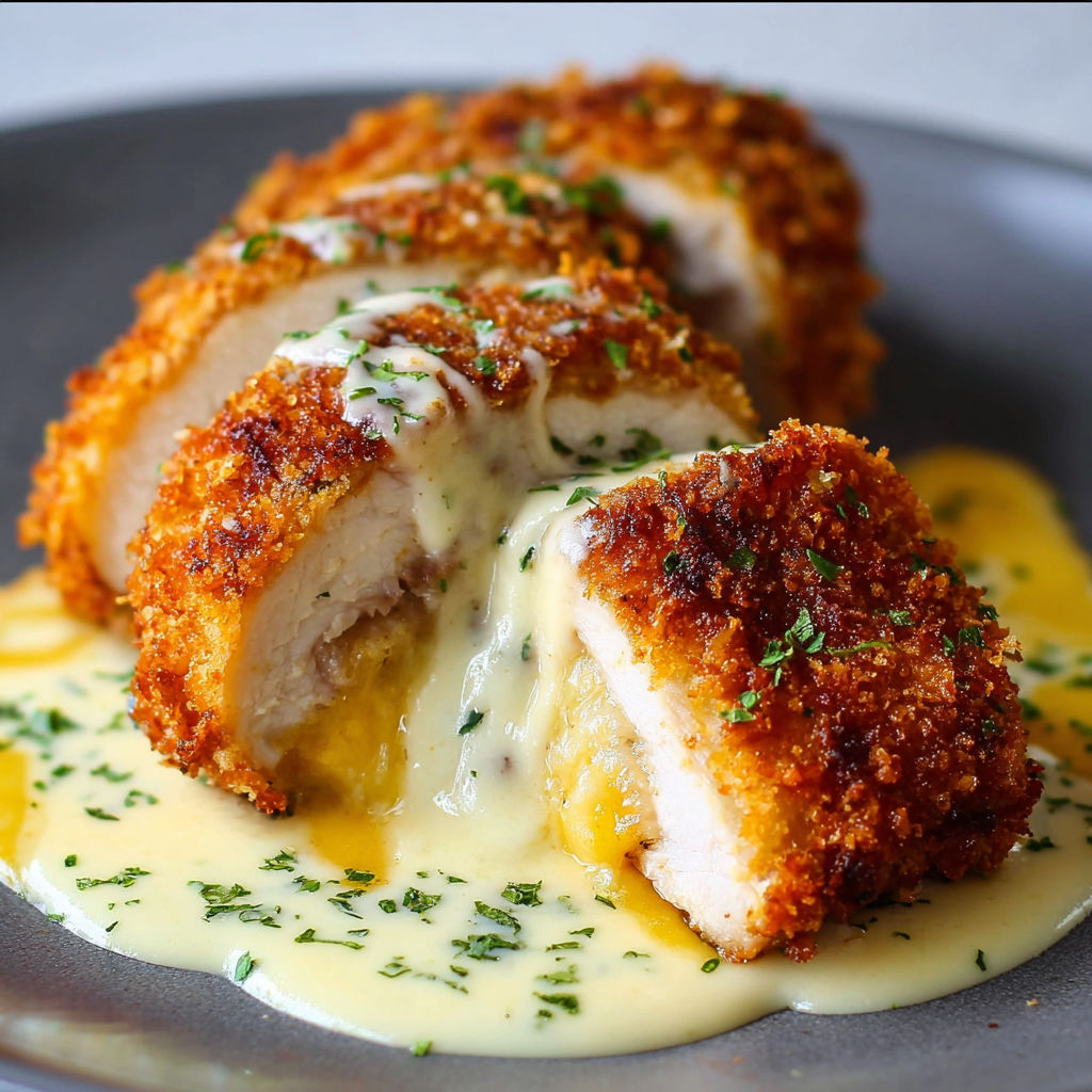 A plate of chicken cordon bleu with swiss cheese sauce.