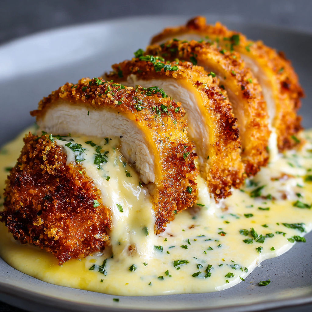 A plate of chicken cordon bleu with swiss cheese sauce.
