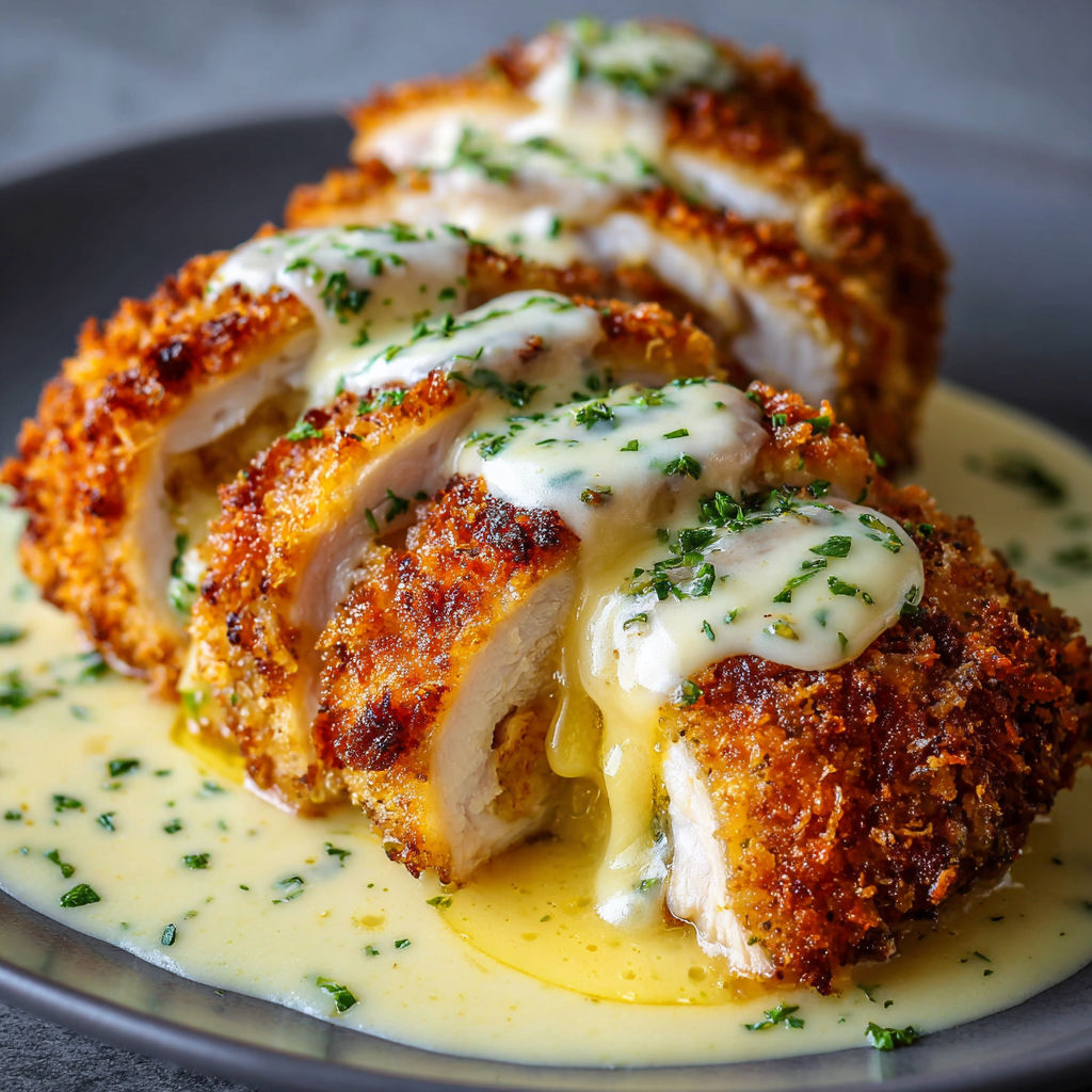 A plate of chicken cordon bleu with swiss cheese sauce.
