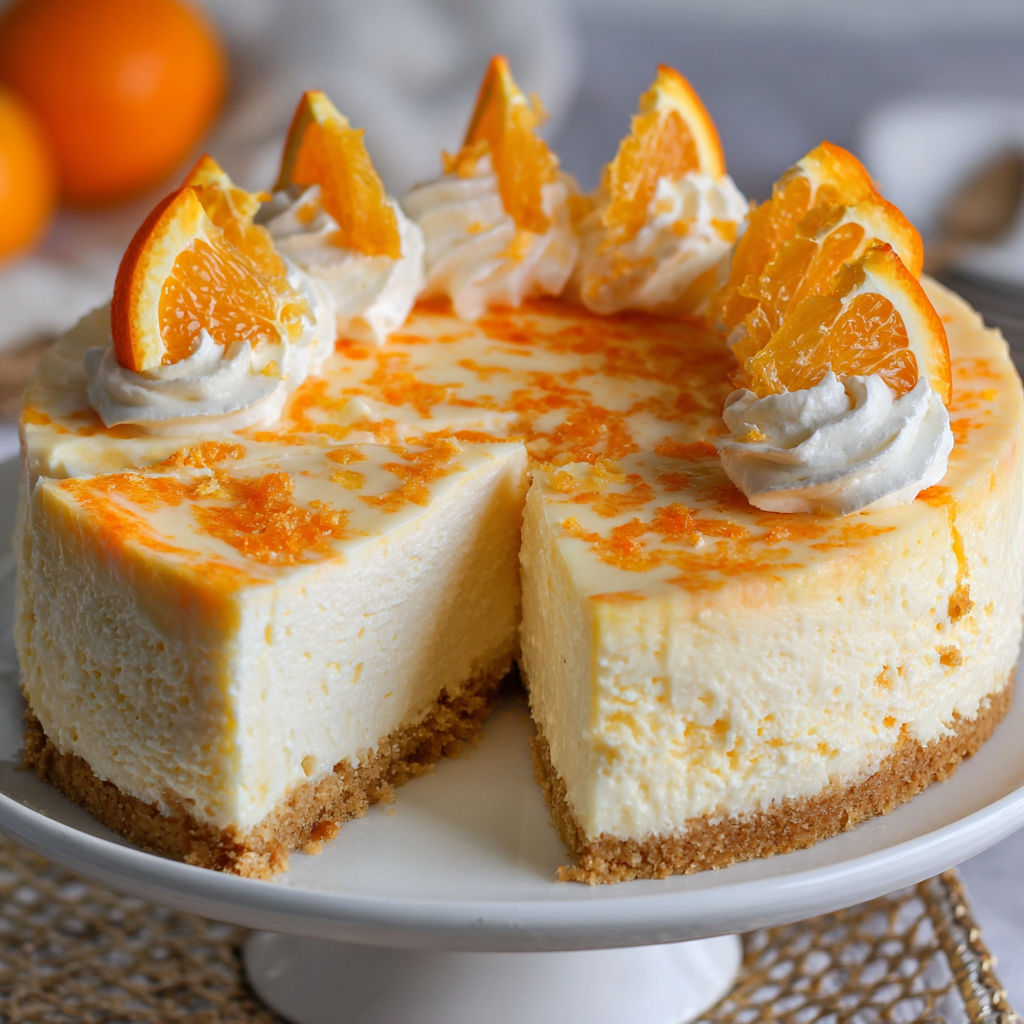 A slice of orange cheesecake with orange slices on top.