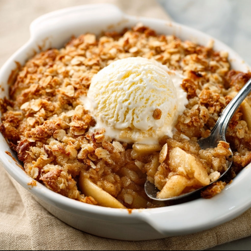 A bowl of apple crumble with a scoop of ice cream on top.