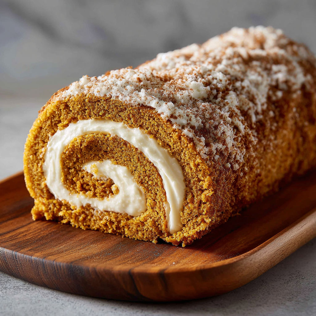 A roll cake with a pumpkin spice filling.