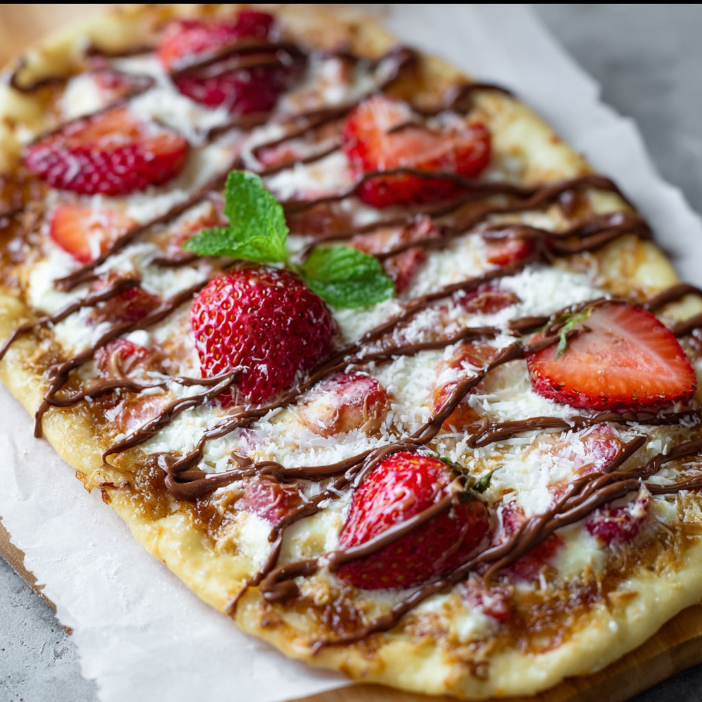 A slice of strawberry nutella dessert pizza.