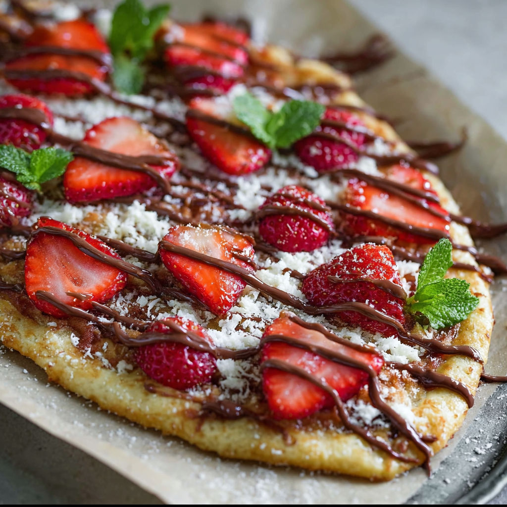 A close up of a strawberry dessert with chocolate drizzled on top.