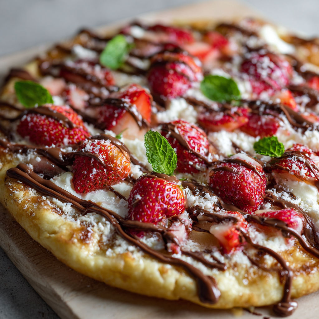 A close up of a pizza with strawberries and chocolate sauce.