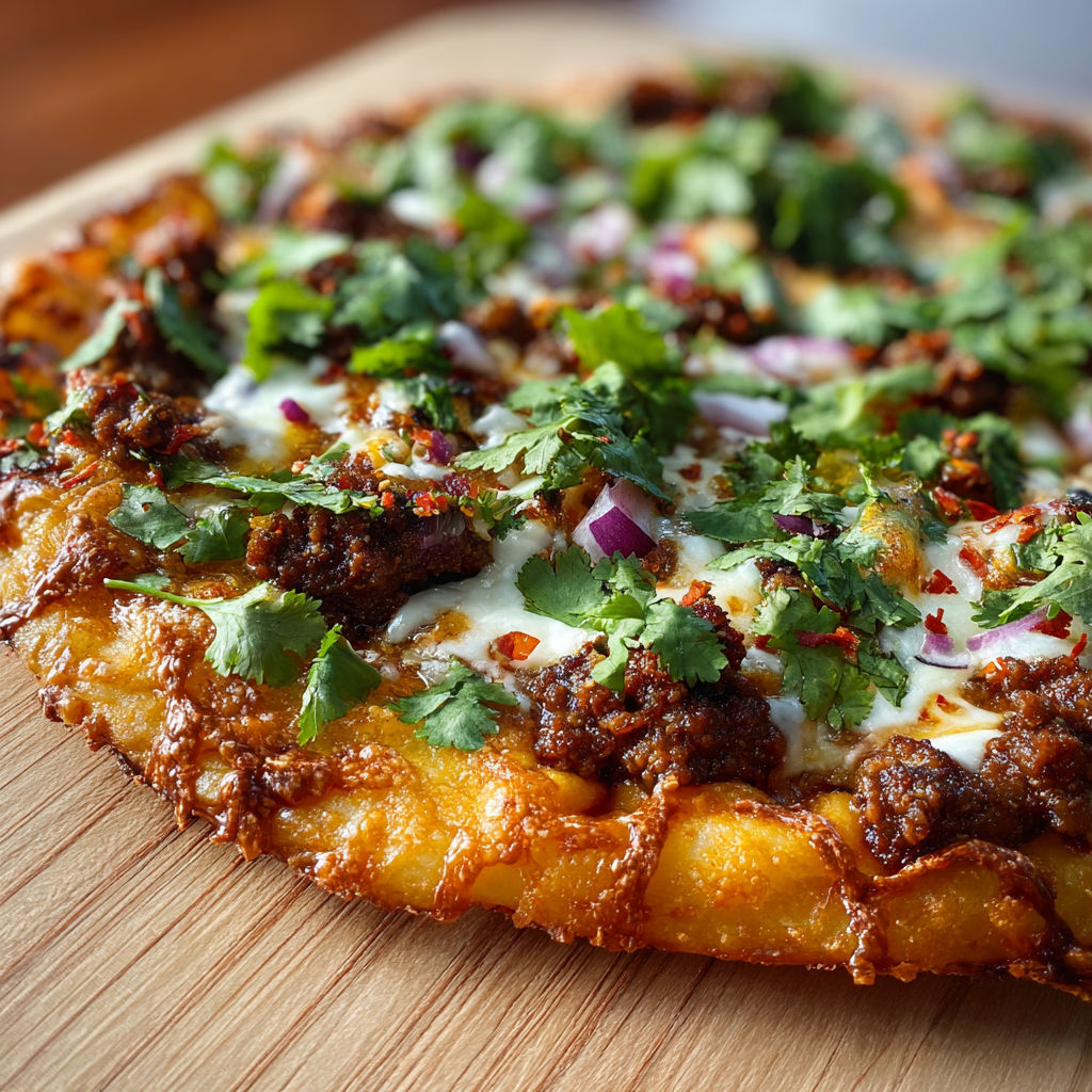 A pizza with meat and vegetables on top.