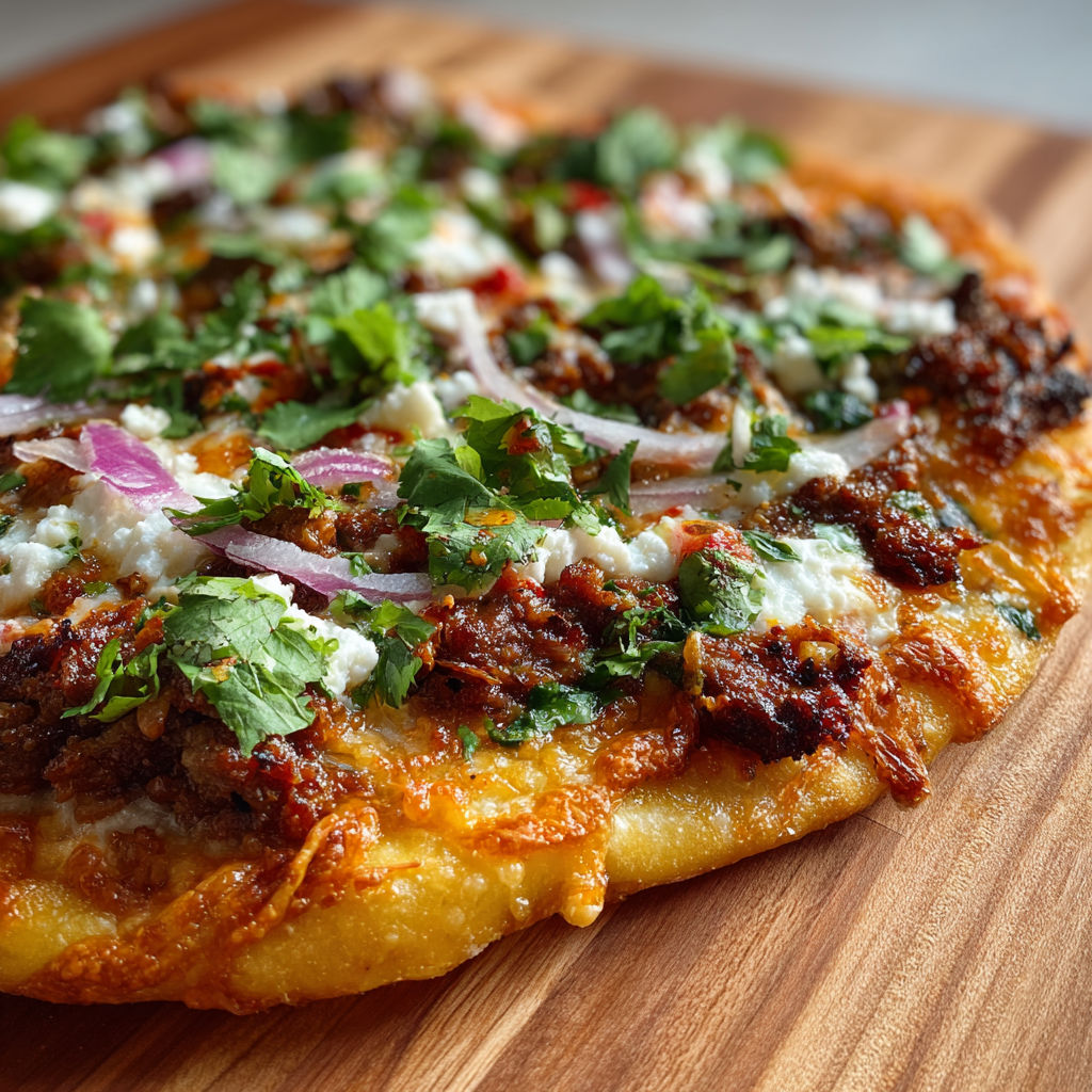 A pizza with meat and vegetables on a wooden board.