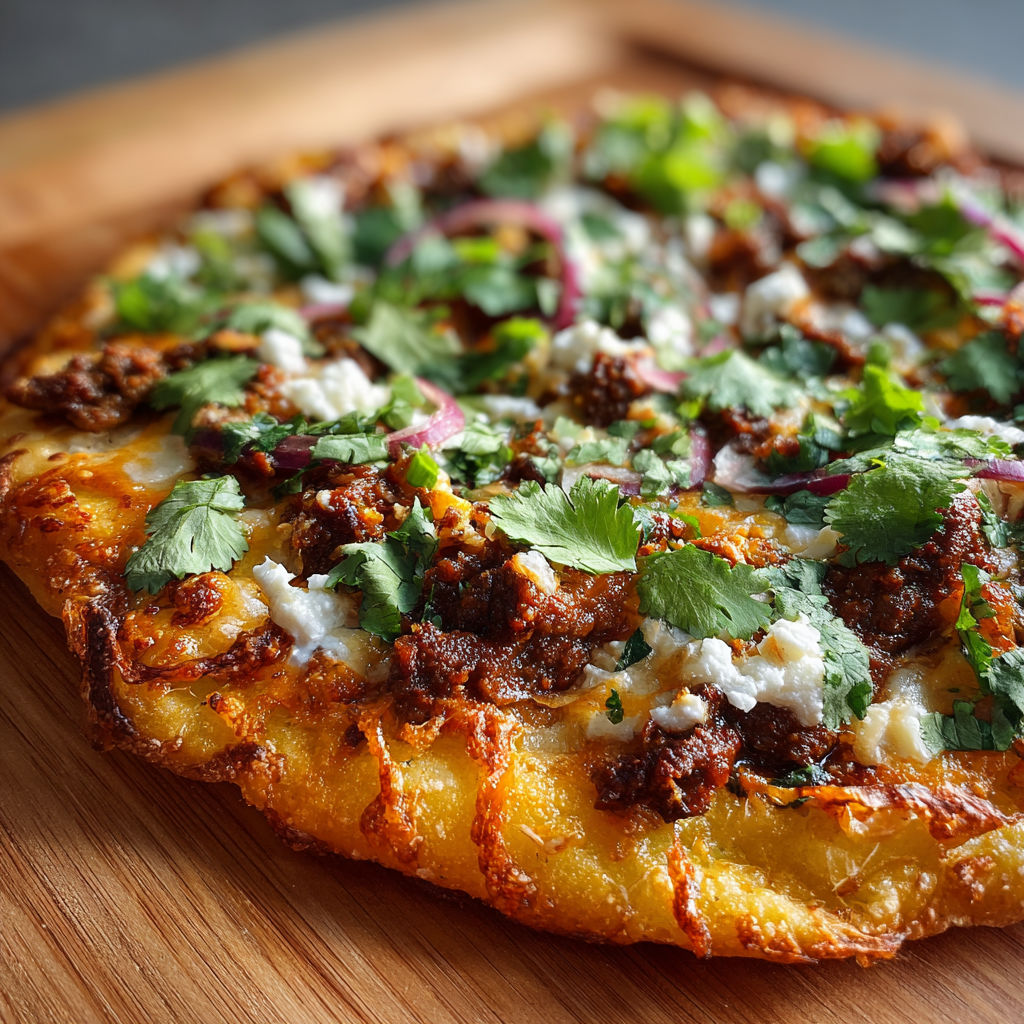 A pizza with meat and cheese on a wooden table.