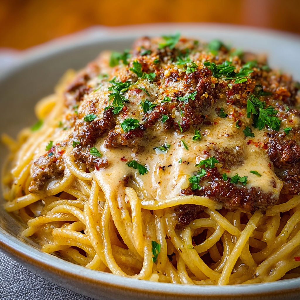 A bowl of spaghetti with meat and cheese.