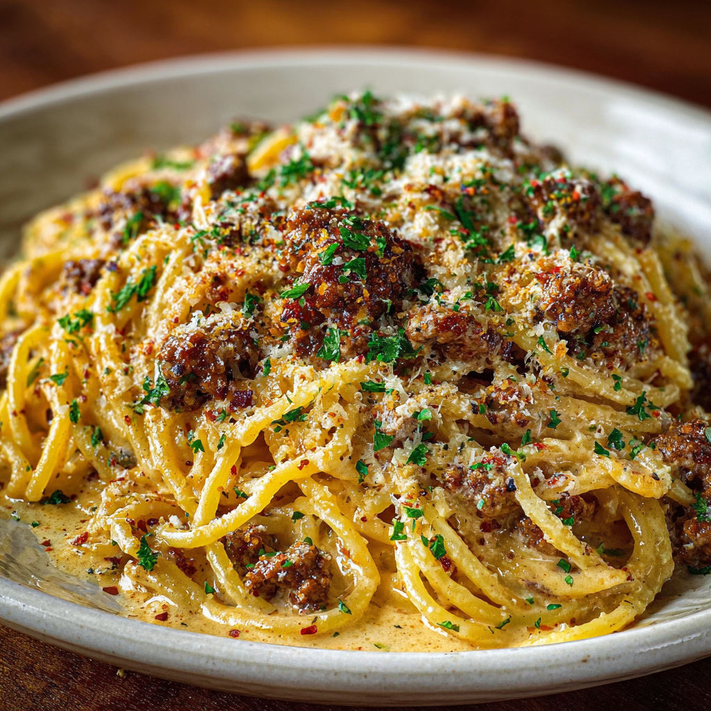 A bowl of pasta with meat and cheese on top.