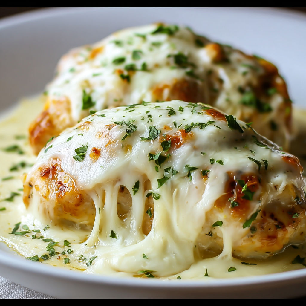 Two pieces of chicken covered in cheese and sauce.
