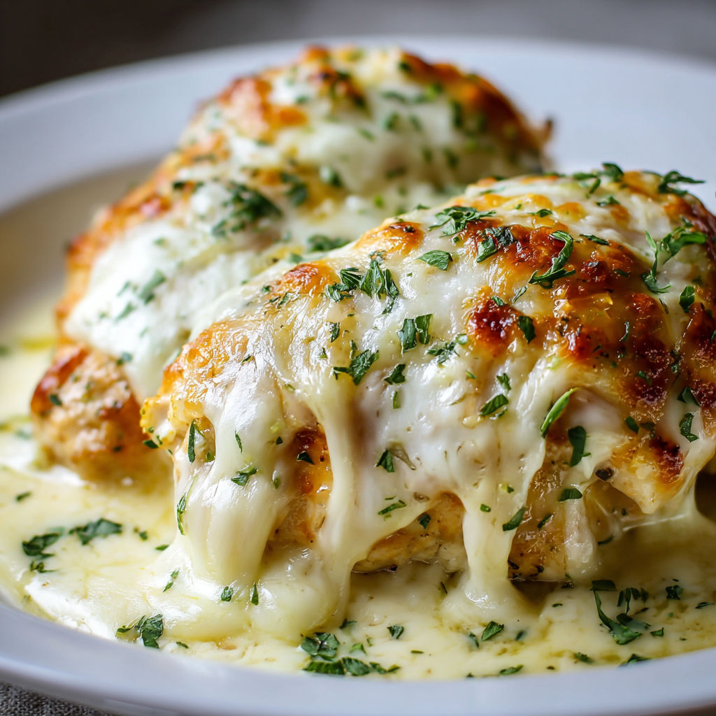 A plate of cheesy mozzarella chicken.