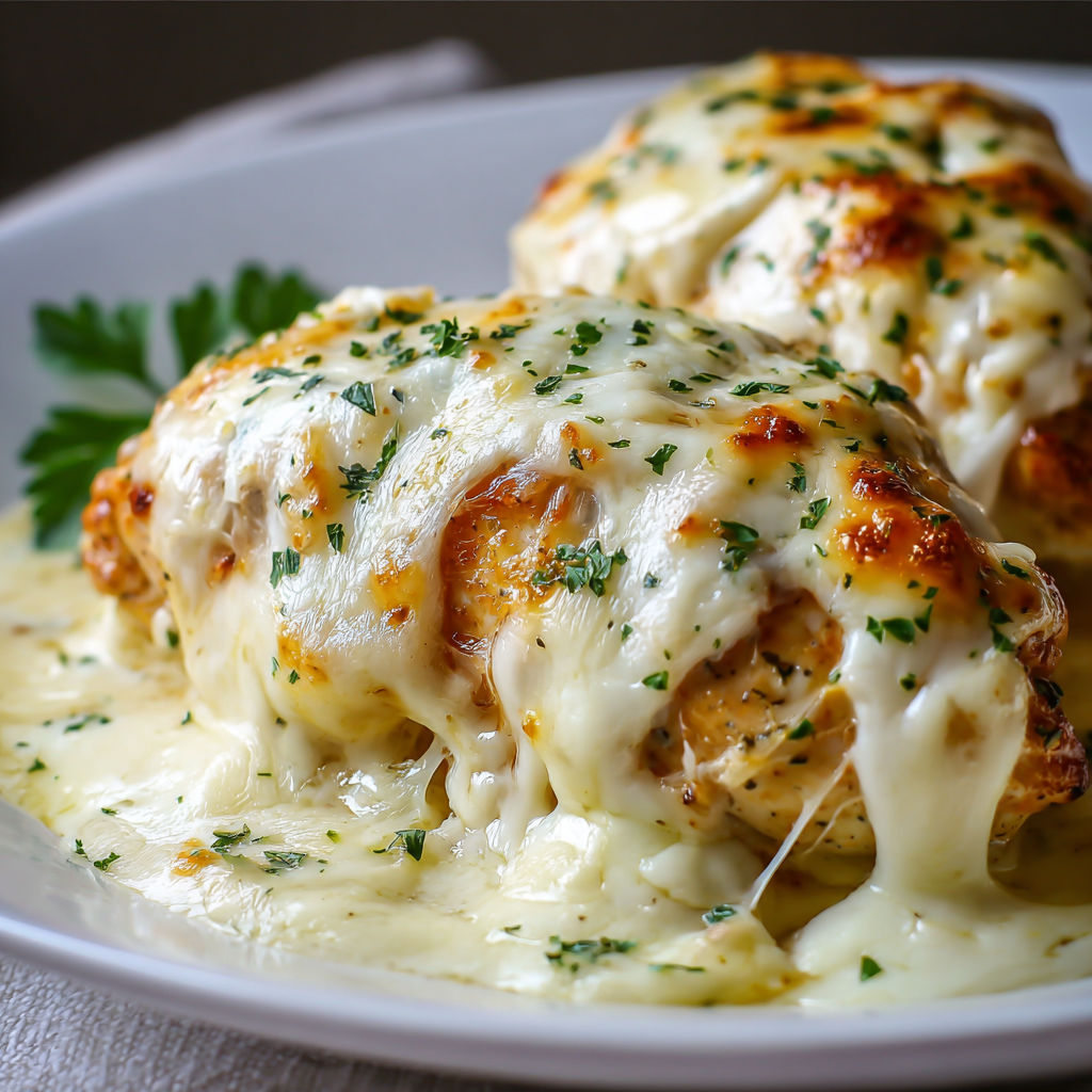 A plate of chicken covered in cheese.