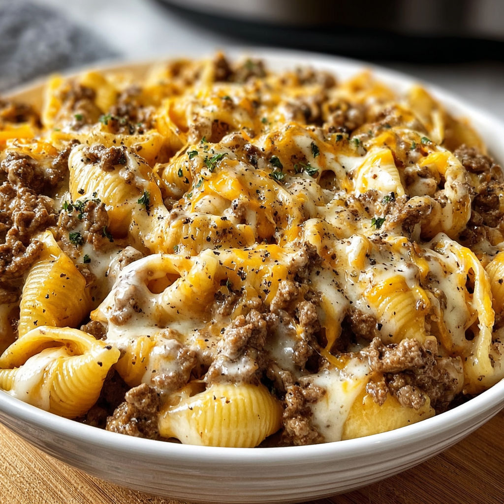 A bowl of pasta with cheese and beef.