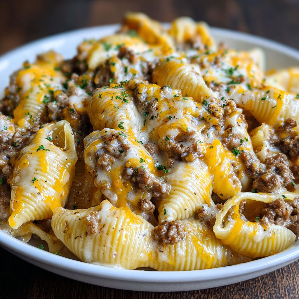 A plate of pasta with meat and cheese.