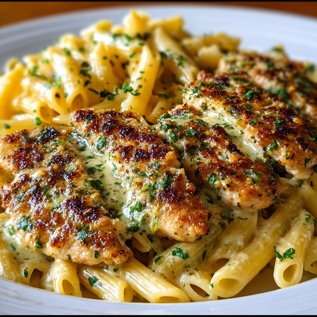 A plate of chicken and pasta.