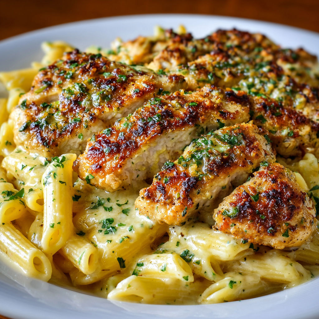 A plate of food with chicken and pasta.