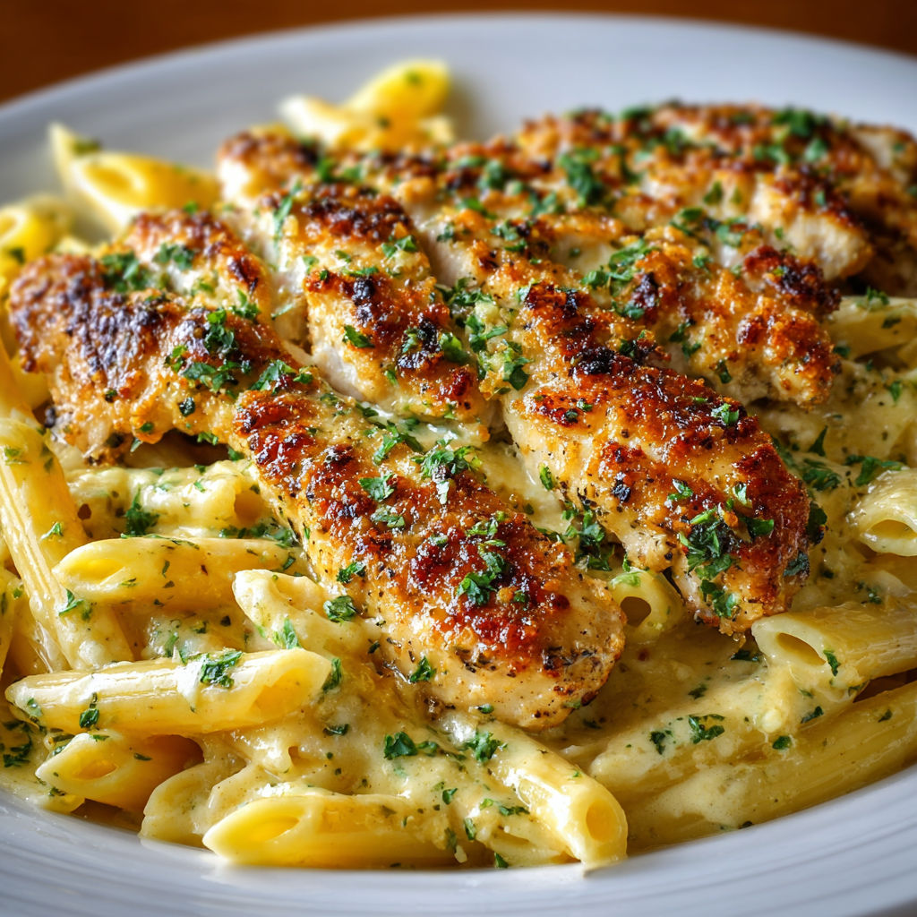 A plate of pasta with chicken on top.