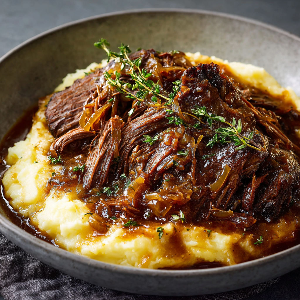 A delicious pot roast with onions and herbs.