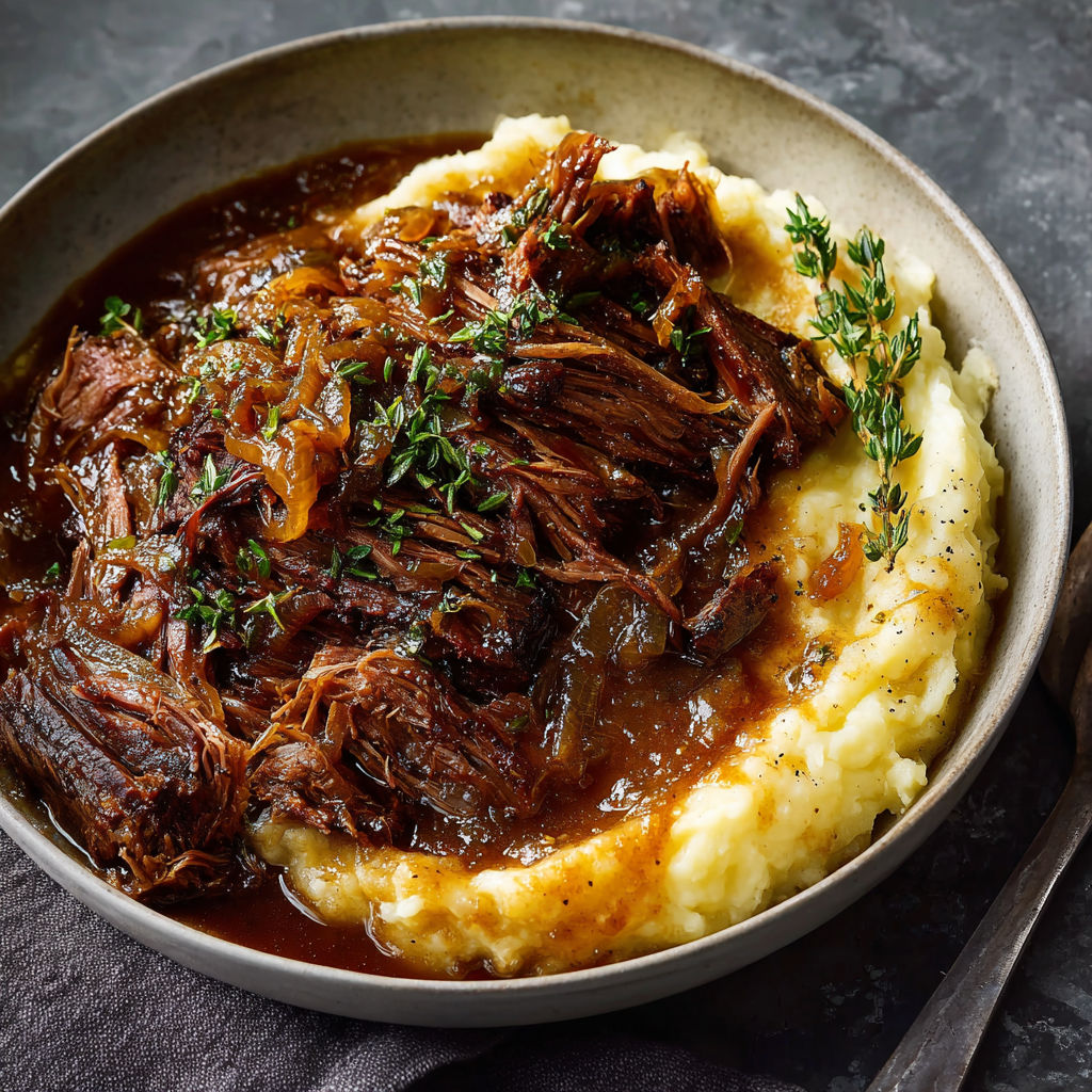 A bowl of beef stew with onions and herbs.