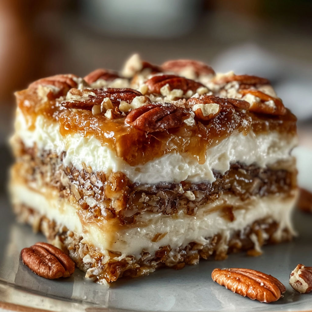A slice of cake with nuts on top.