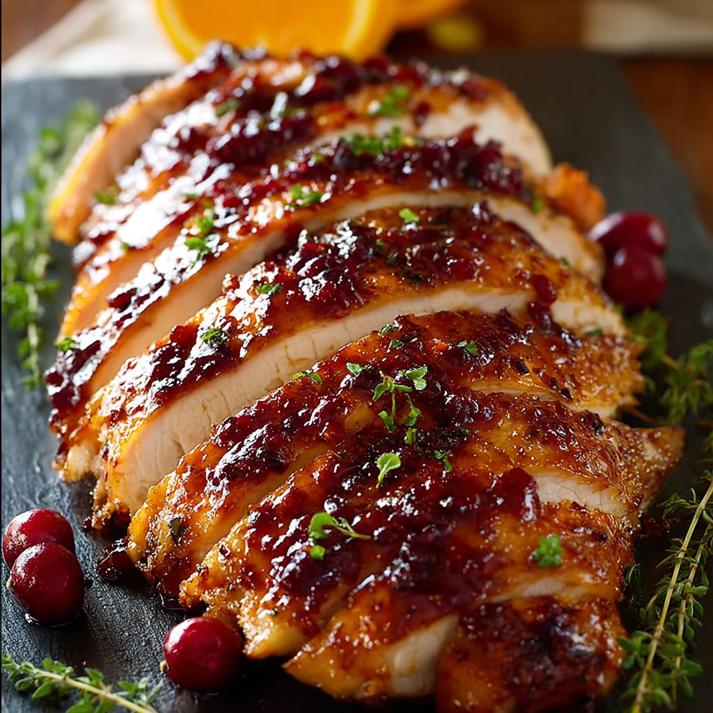 A juicy cranberry orange glazed turkey breast.