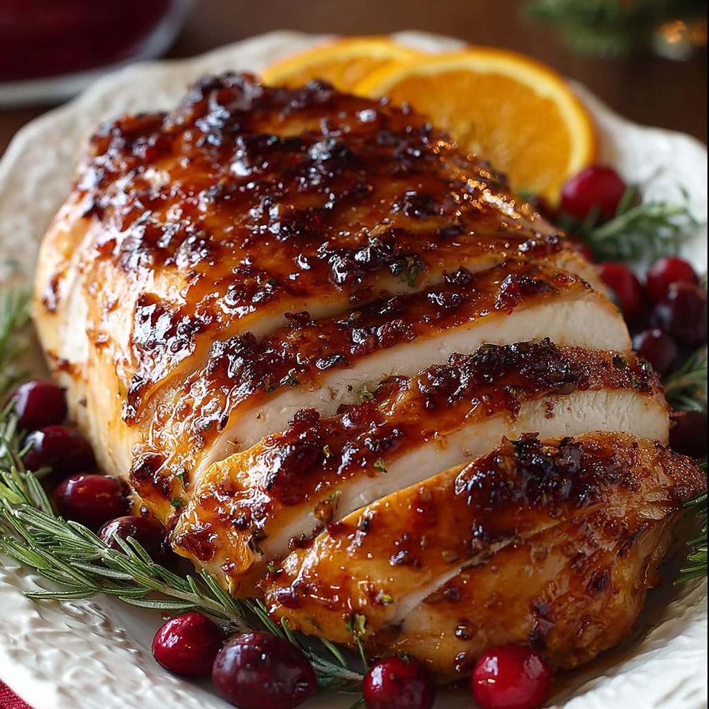 A plate of food with a chicken breast and a slice of orange.