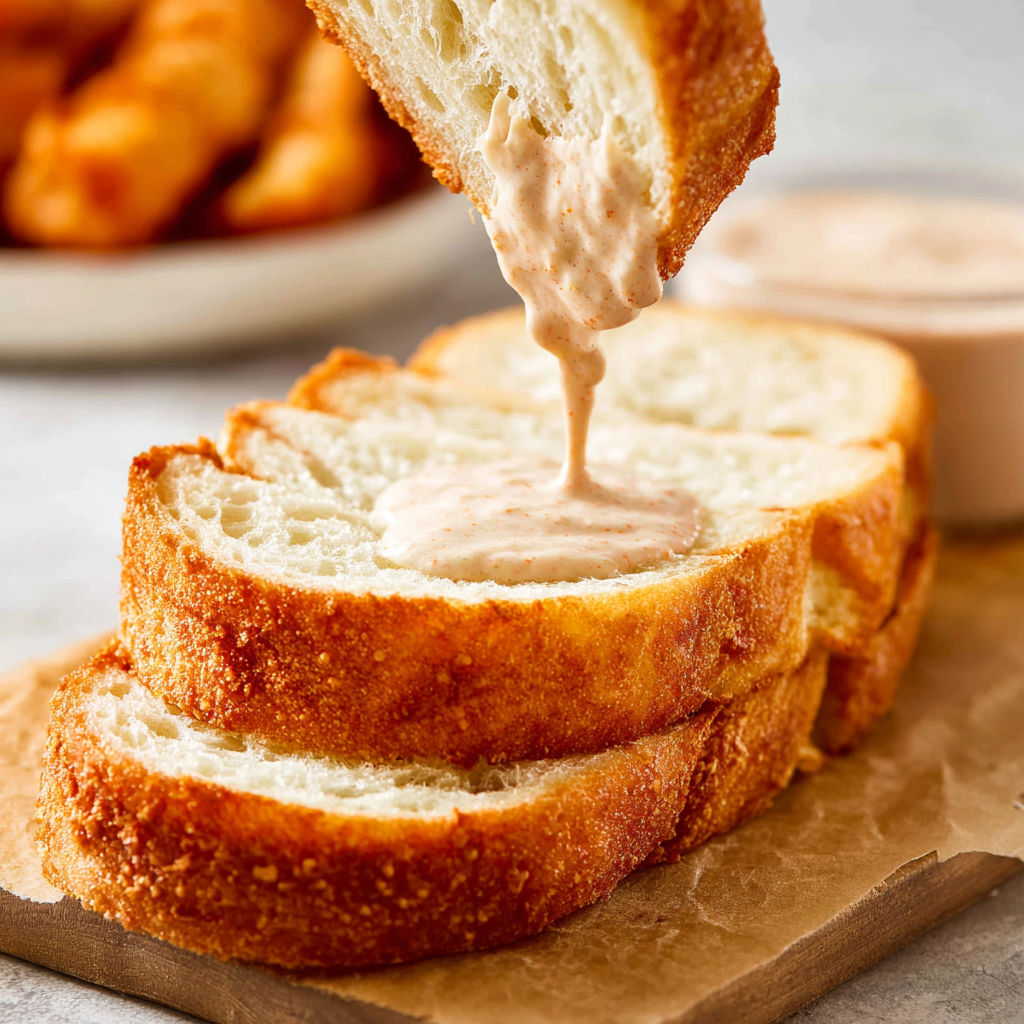 A piece of bread with a white sauce on it.