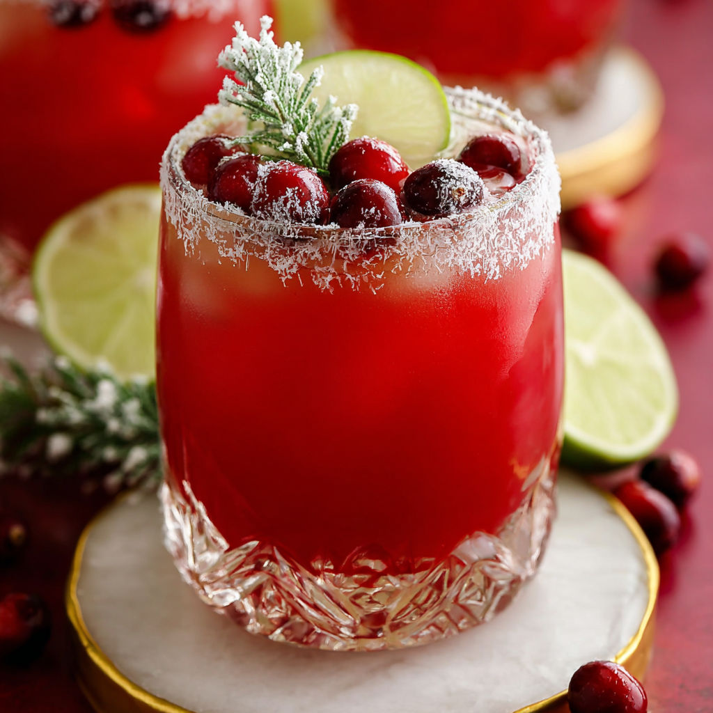 A glass of red Christmas mistletoe margarita.