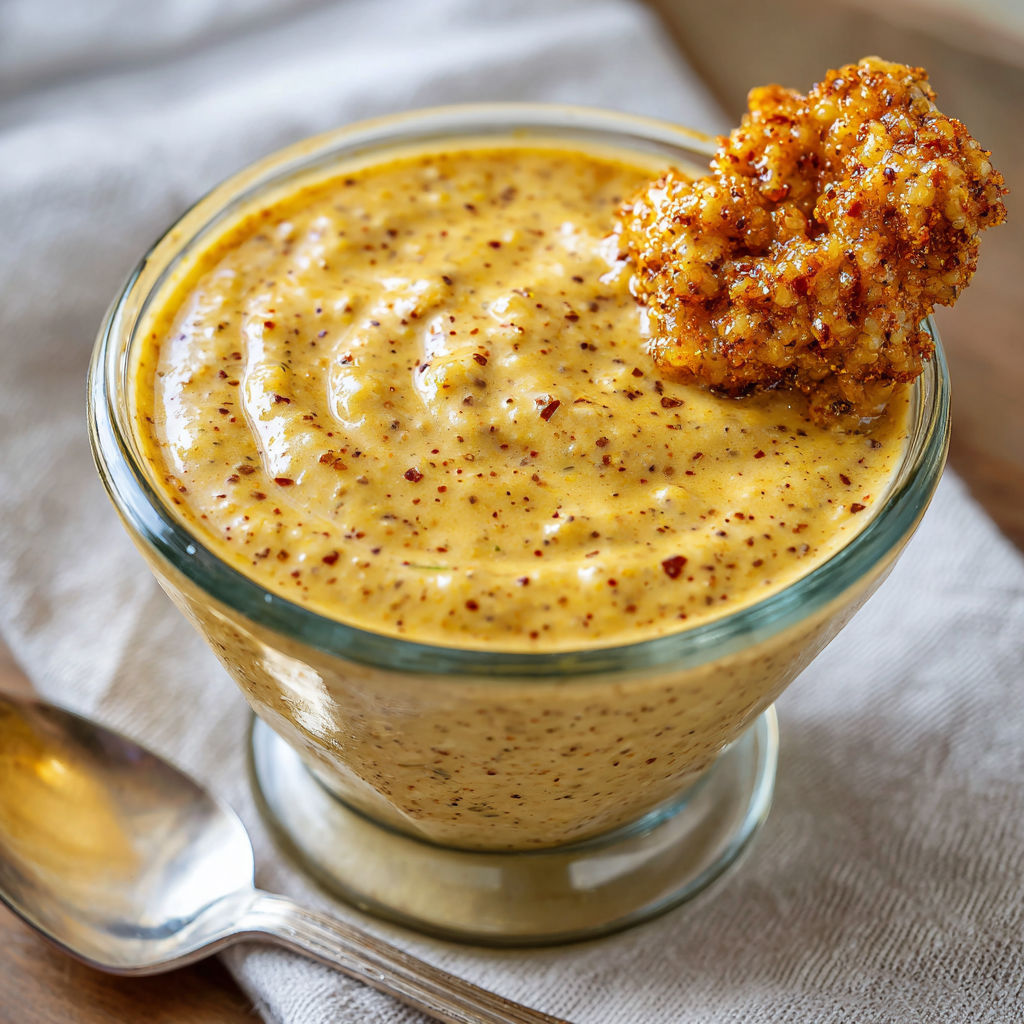 A glass bowl of soup with a spoon in it.