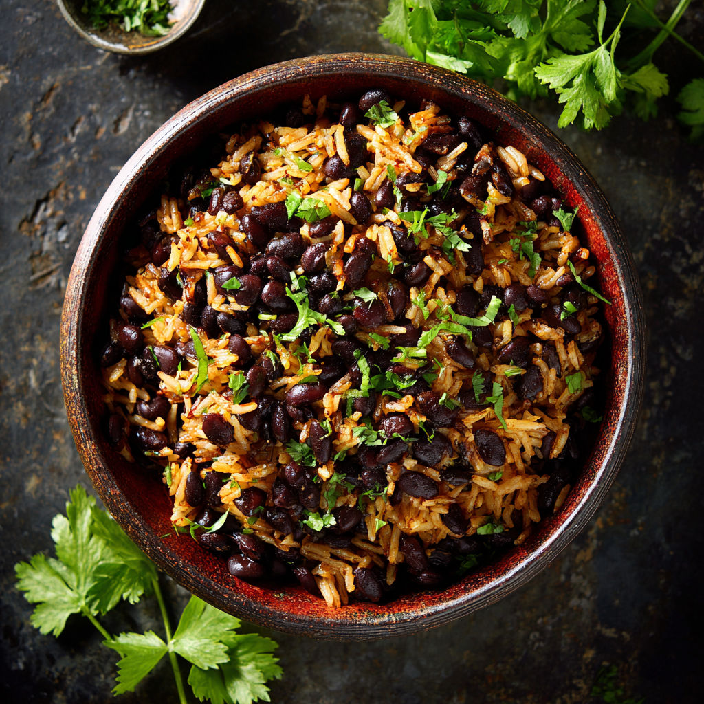 A bowl of Cuban black beans and rice.