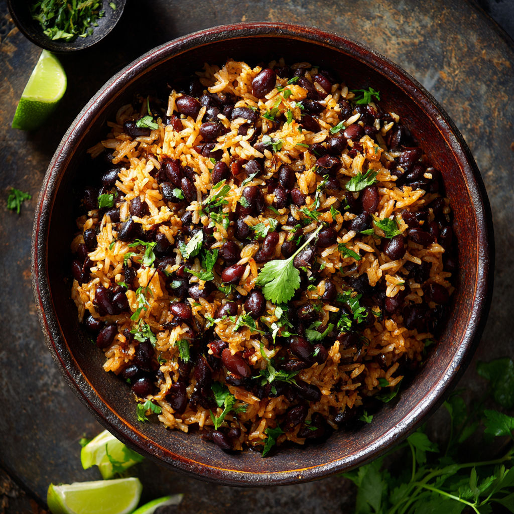 A bowl of Cuban black beans and rice.