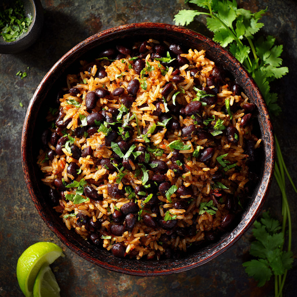 A bowl of Cuban black beans and rice.