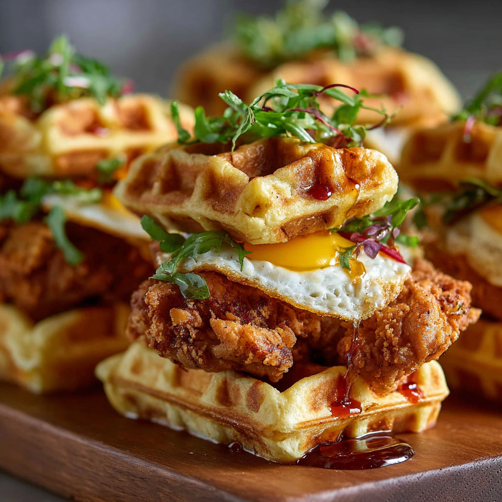 Mini chicken and waffle sliders on a wooden platter.