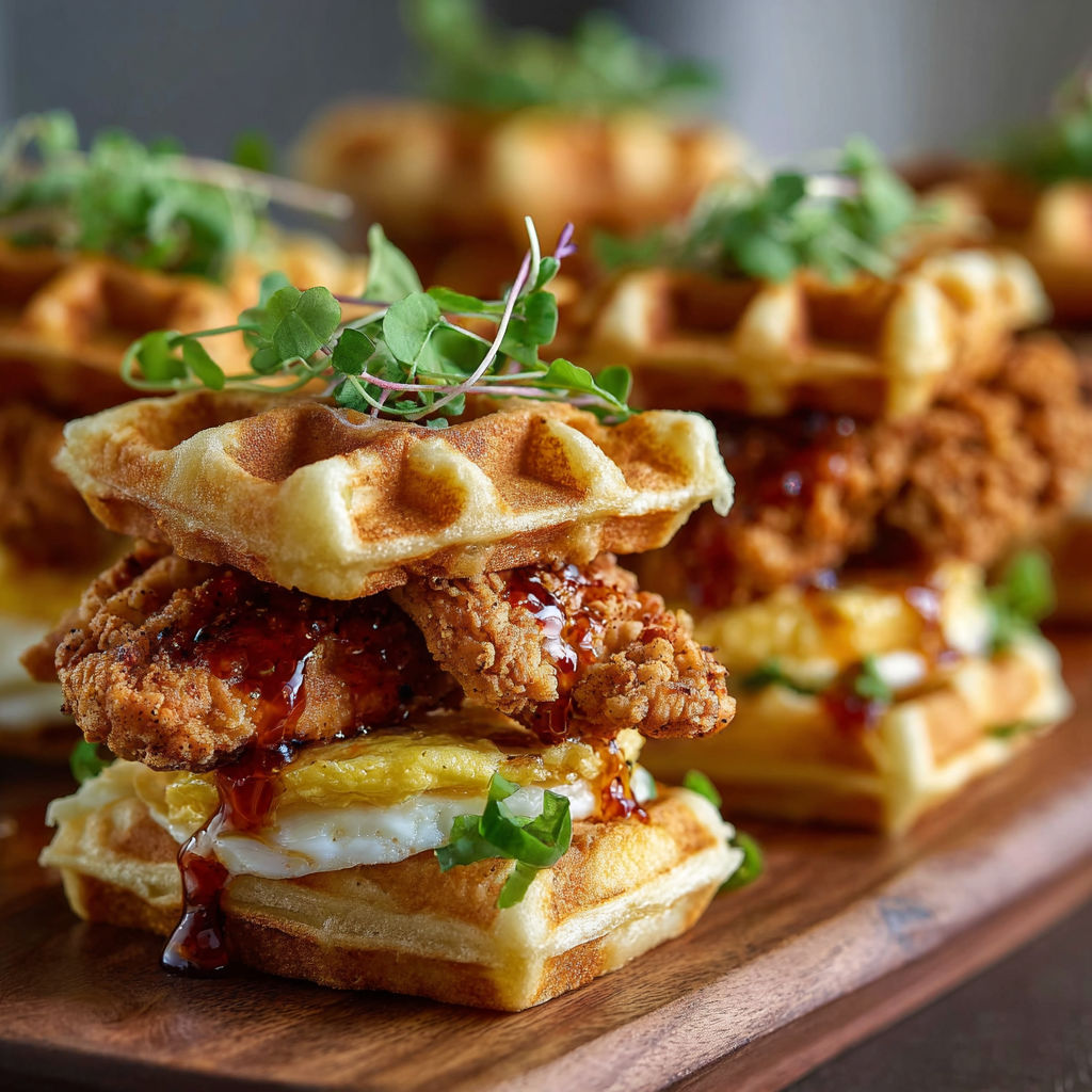 Mini chicken and waffle sliders on a wooden platter.