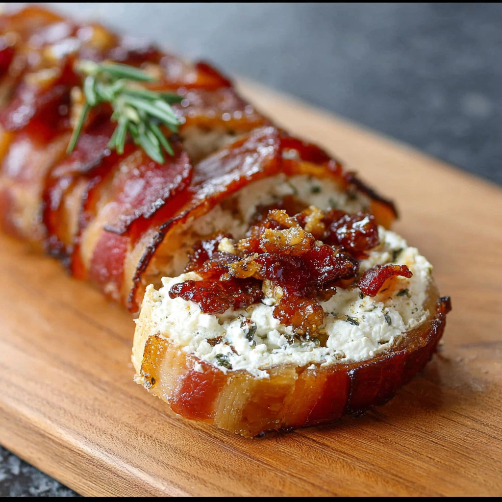 A slice of bacon wrapped around a goat cheese log.
