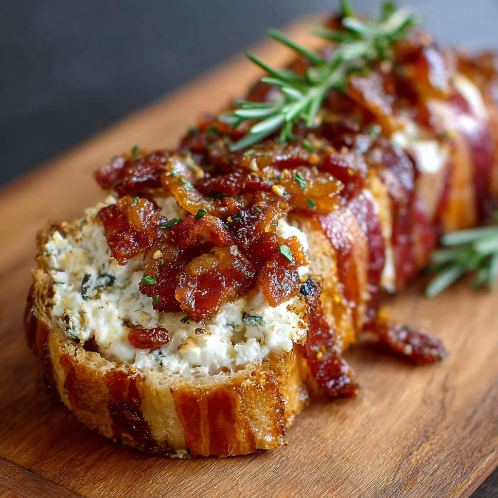 A bacon wrapped sandwich with cheese and herbs.