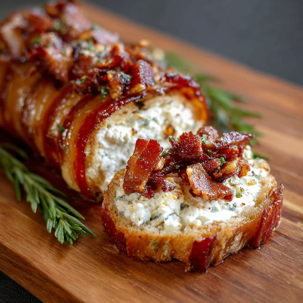 A bacon wrapped appetizer with cheese and herbs.