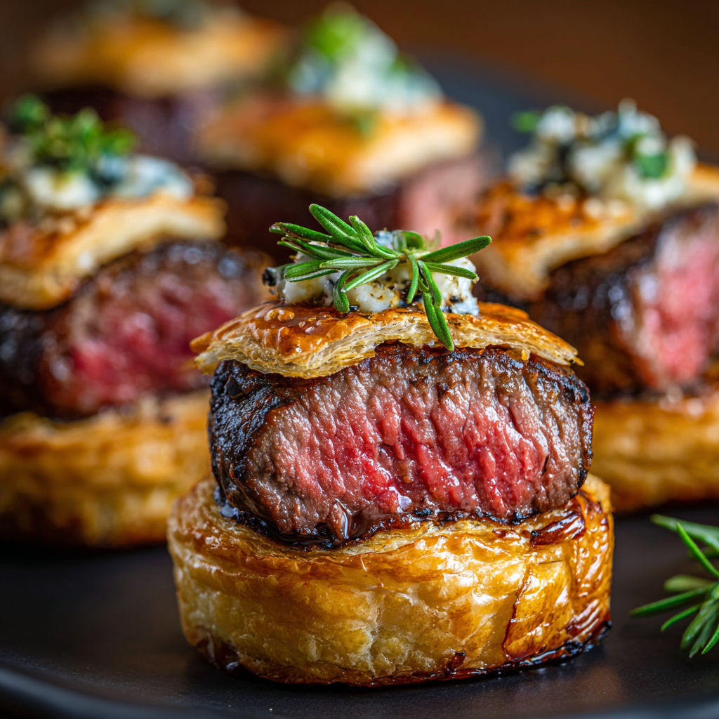 A plate of food with a piece of meat and a blue topping.
